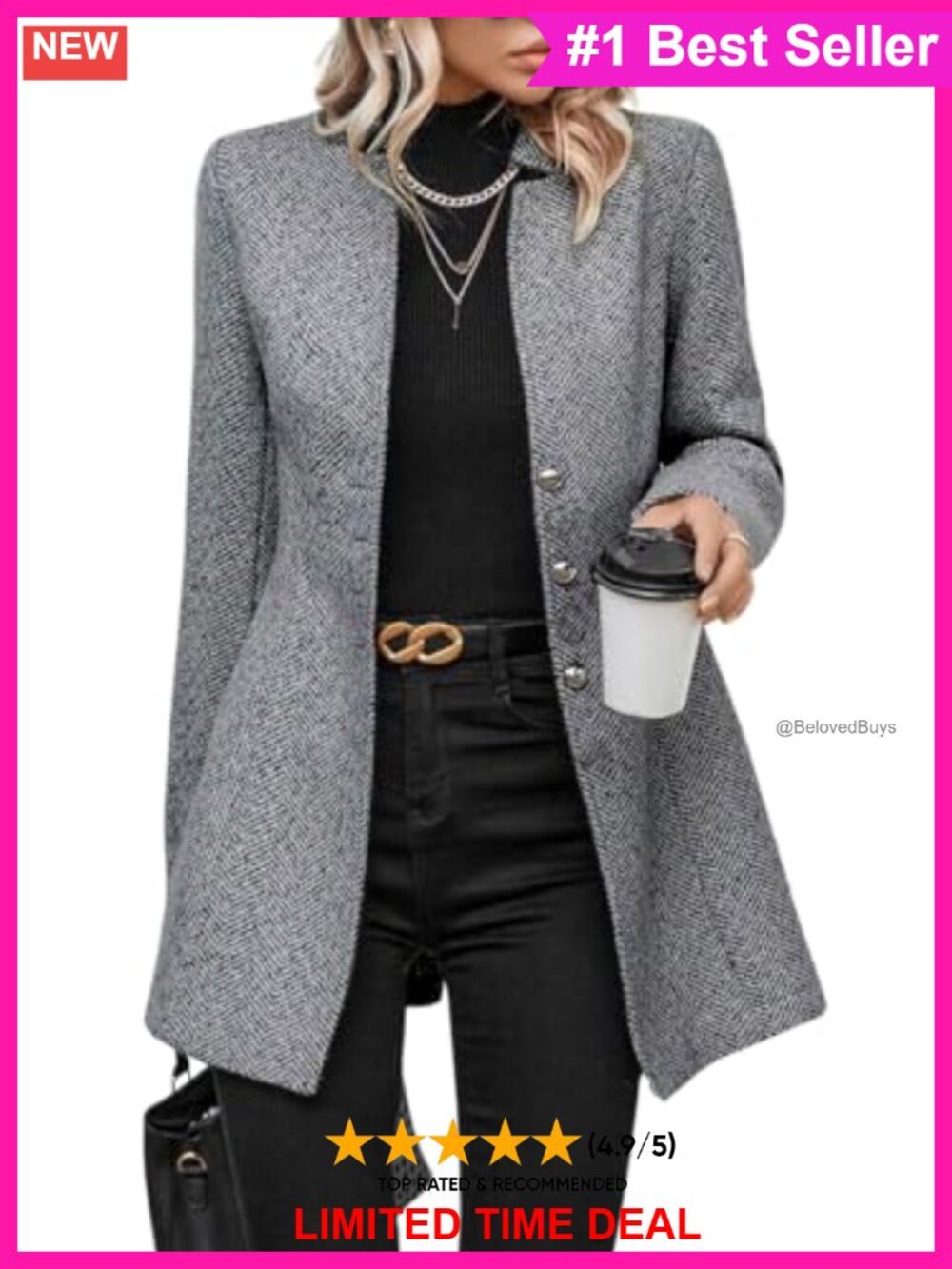 Herringbone Wool Blend Notch Collar Button Up Blazer Jacket Business Casual